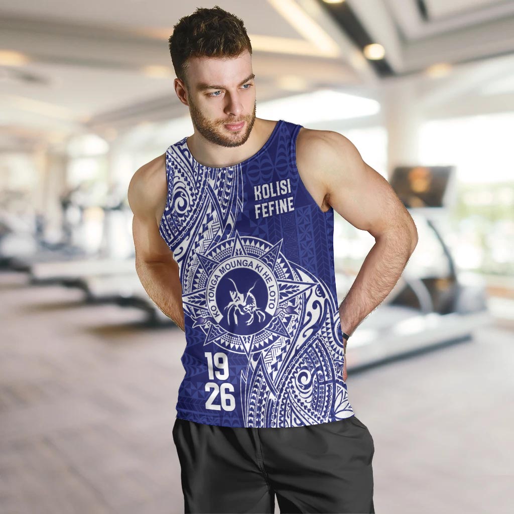 Personalised Tonga Queen Salote College Men Tank Top Kolisi Fefine 1926 Special Kupesi Pattern LT9 Blue - Polynesian Pride