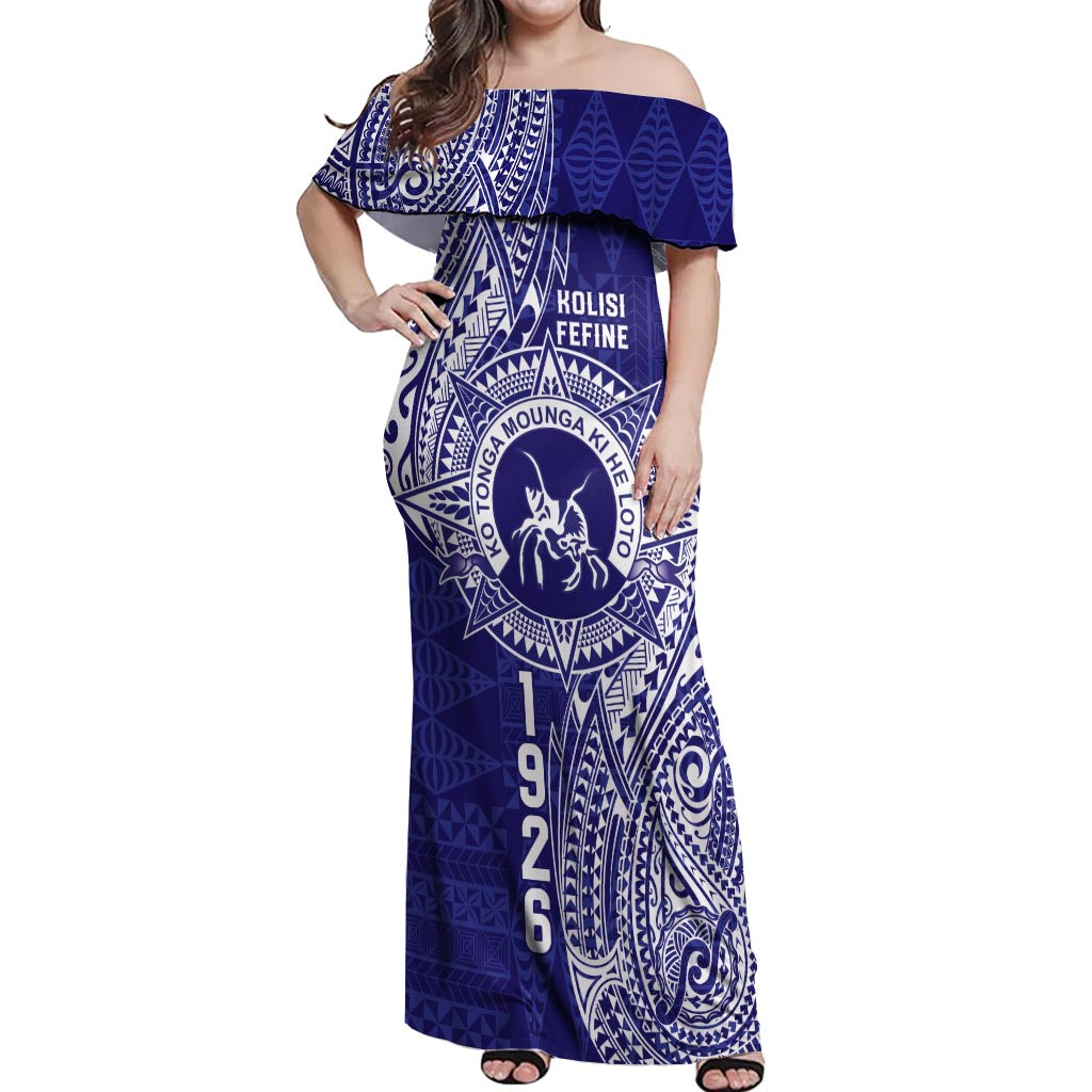 Personalised Tonga Queen Salote College Off Shoulder Maxi Dress Kolisi Fefine 1926 Special Kupesi Pattern LT9 Women Blue - Polynesian Pride