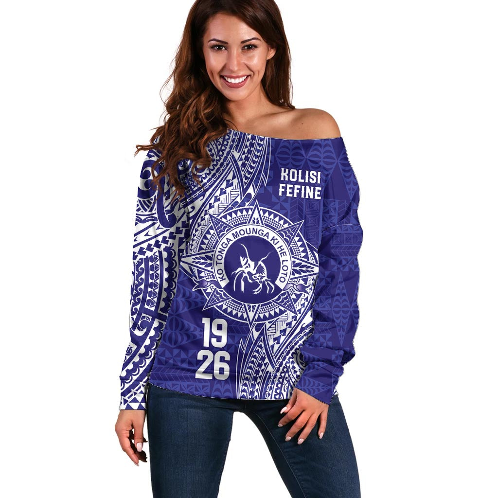 Personalised Tonga Queen Salote College Off Shoulder Sweater Kolisi Fefine 1926 Special Kupesi Pattern LT9 Women Blue - Polynesian Pride