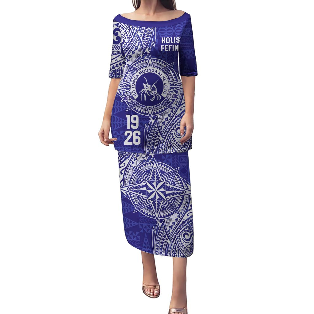 Personalised Tonga Queen Salote College Puletasi Kolisi Fefine 1926 Special Kupesi Pattern LT9 Long Dress Blue - Polynesian Pride