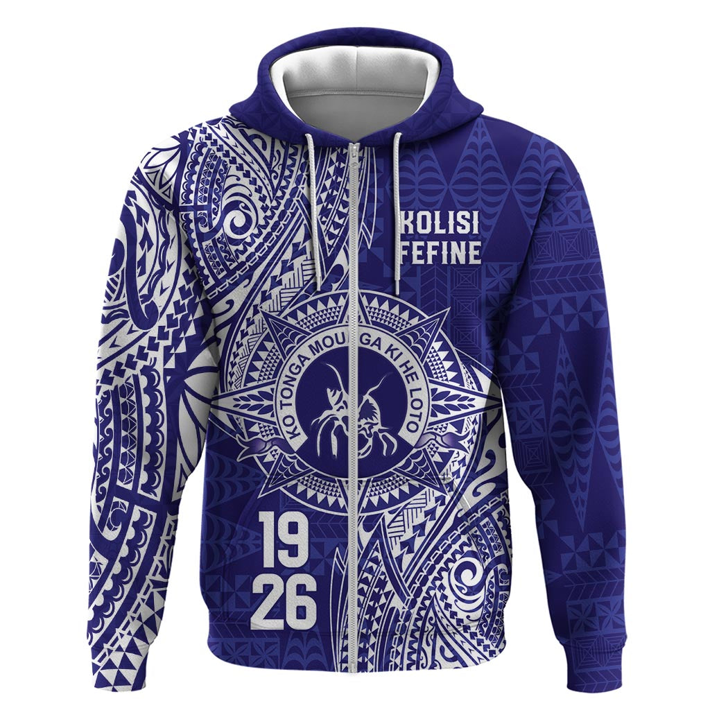Personalised Tonga Queen Salote College Zip Hoodie Kolisi Fefine 1926 Special Kupesi Pattern LT9 Zip Hoodie Blue - Polynesian Pride
