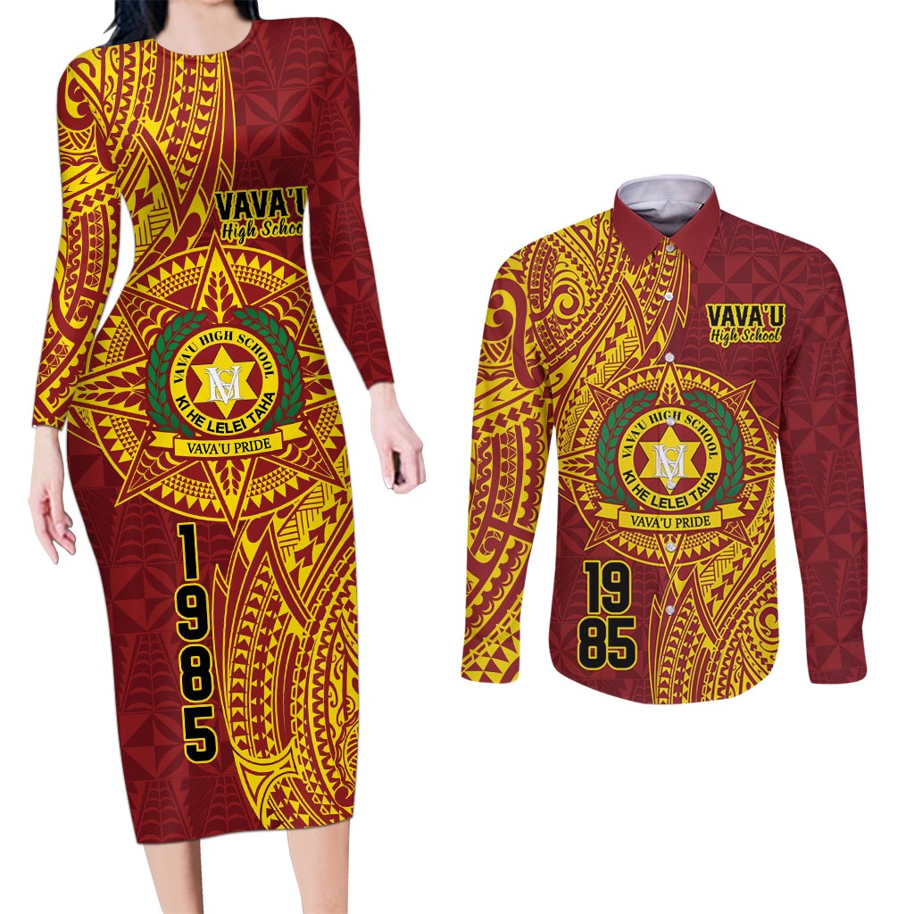 Personalised Tonga Vava'u High School Couples Matching Long Sleeve Bodycon Dress and Long Sleeve Button Shirt Since 1985 Special Kupesi Pattern