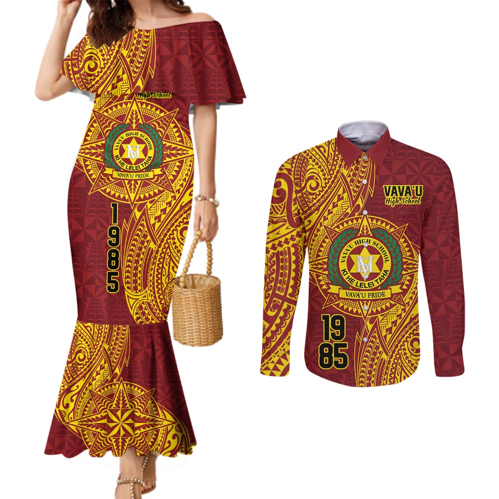 Personalised Tonga Vava'u High School Couples Matching Mermaid Dress and Long Sleeve Button Shirt Since 1985 Special Kupesi Pattern