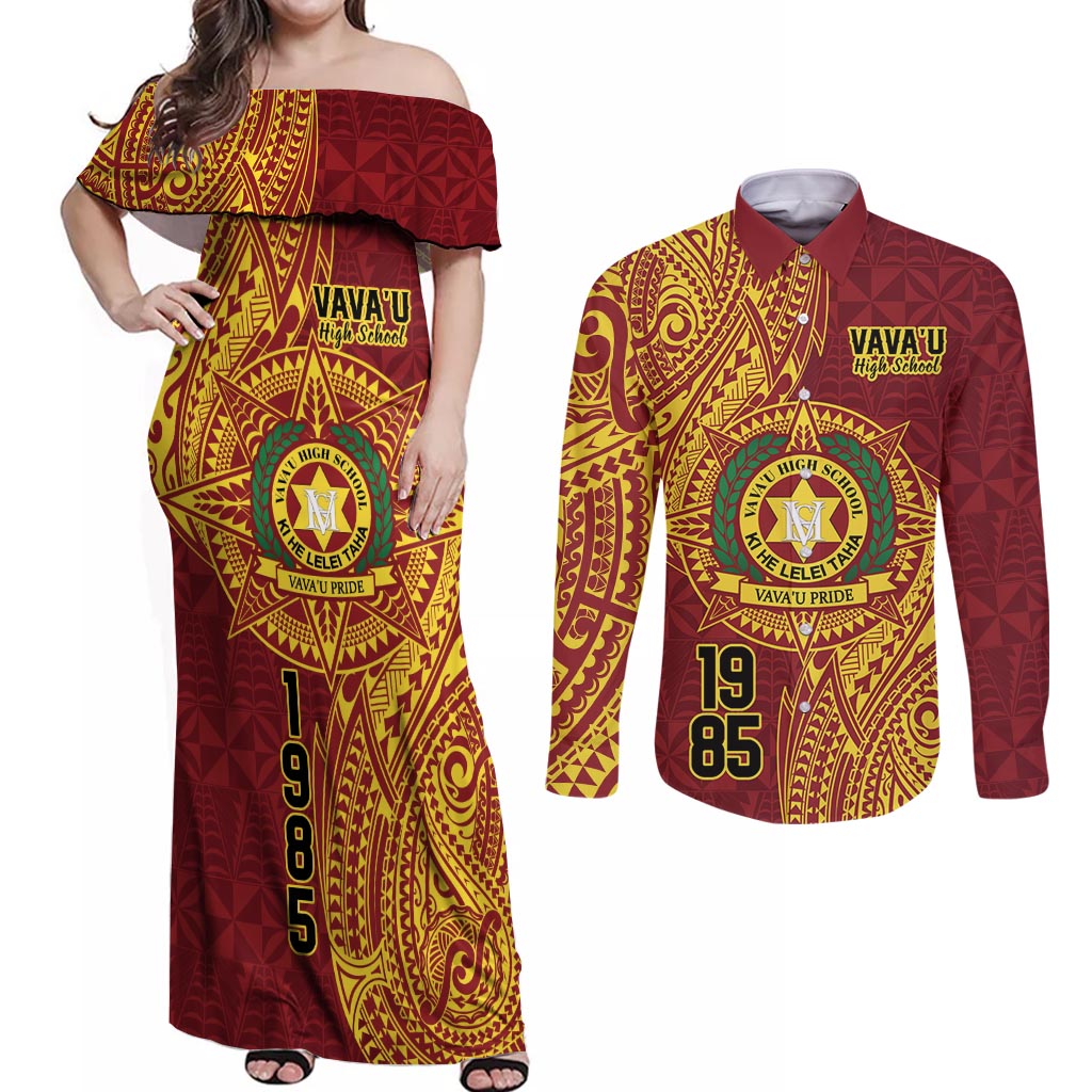 Personalised Tonga Vava'u High School Couples Matching Off Shoulder Maxi Dress and Long Sleeve Button Shirt Since 1985 Special Kupesi Pattern