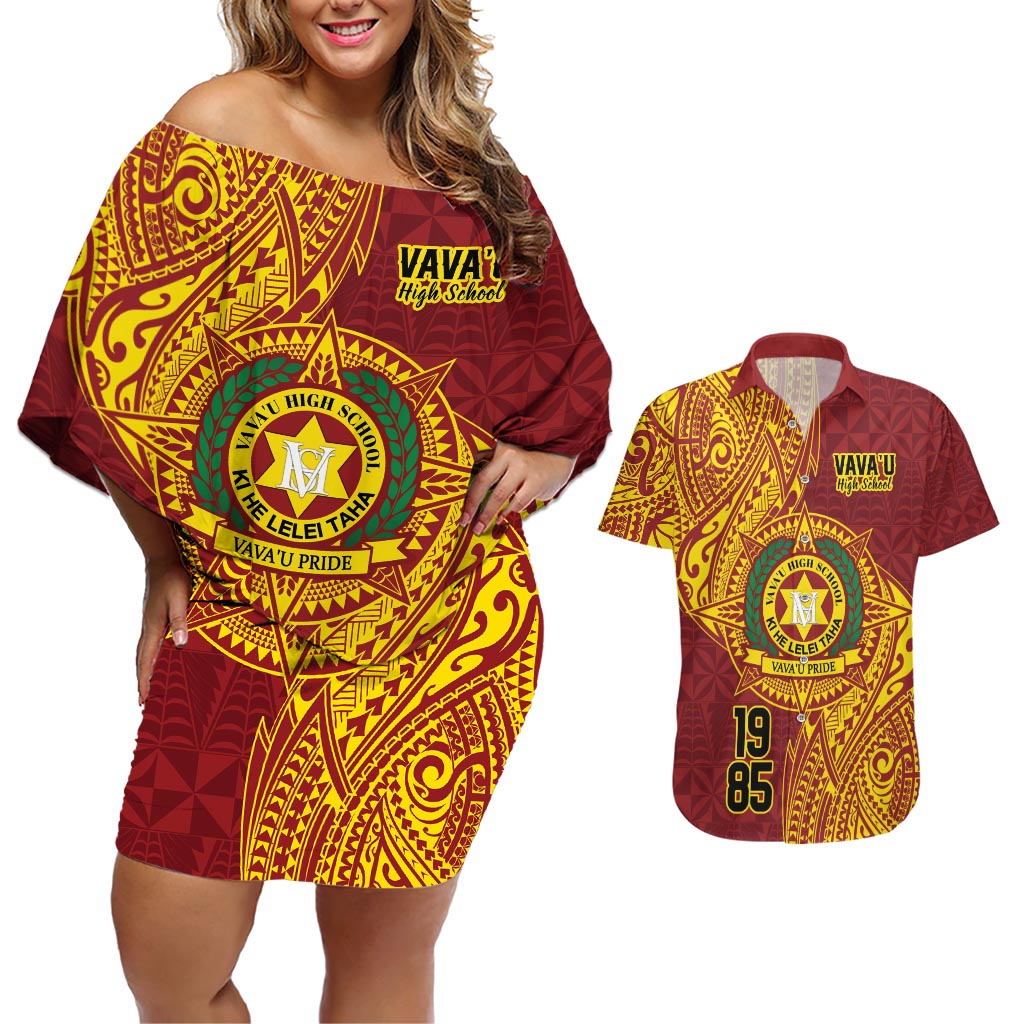 Personalised Tonga Vava'u High School Couples Matching Off Shoulder Short Dress and Hawaiian Shirt Since 1985 Special Kupesi Pattern