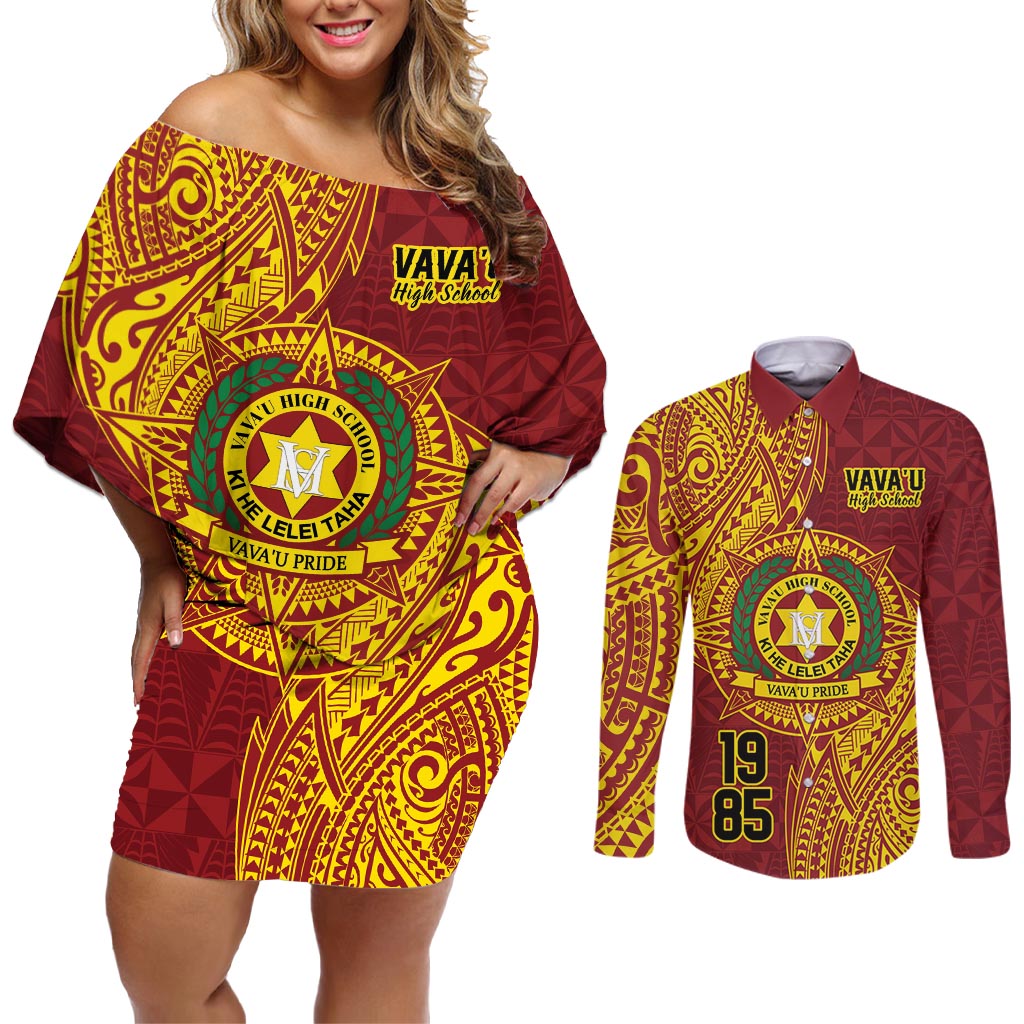 Personalised Tonga Vava'u High School Couples Matching Off Shoulder Short Dress and Long Sleeve Button Shirt Since 1985 Special Kupesi Pattern