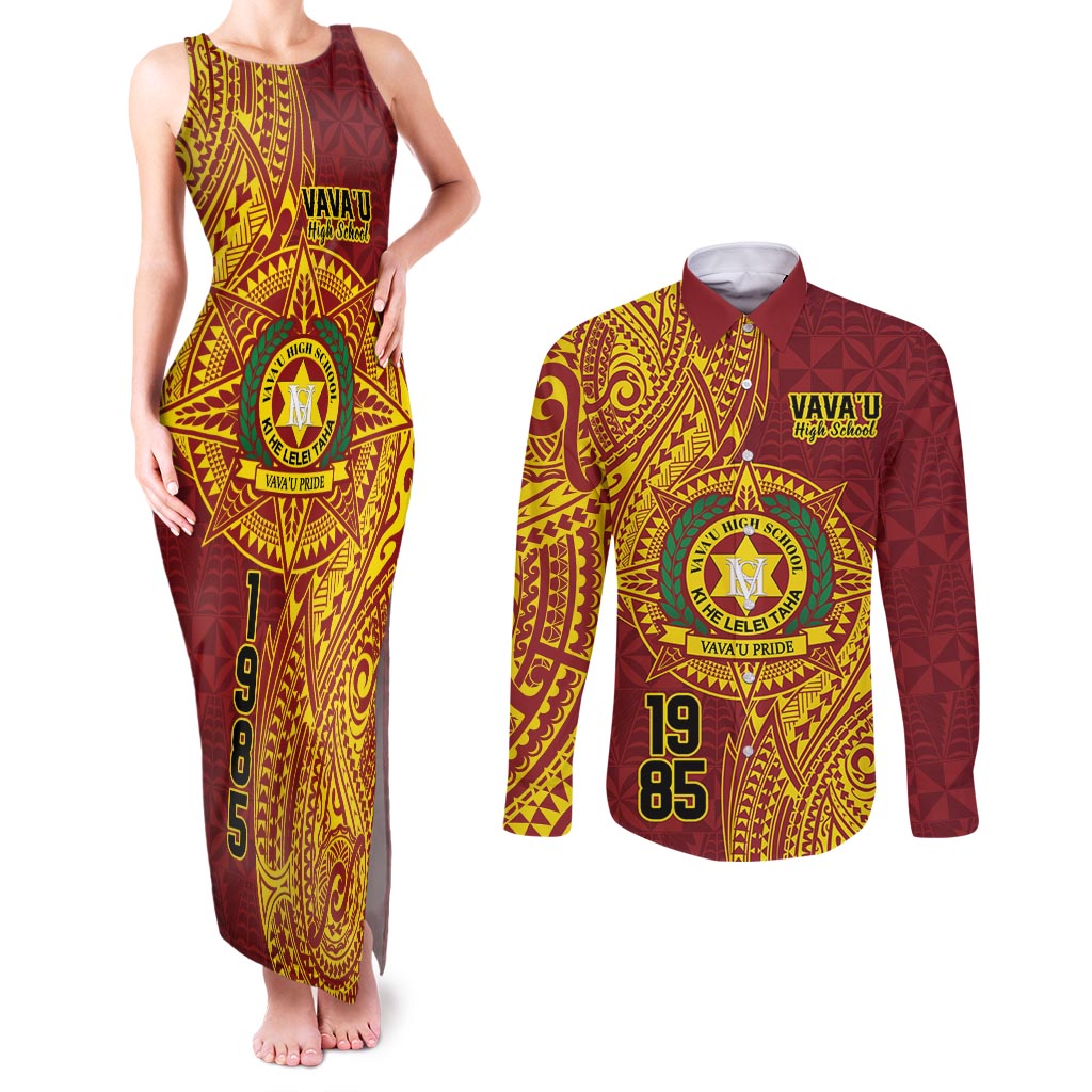 Personalised Tonga Vava'u High School Couples Matching Tank Maxi Dress and Long Sleeve Button Shirt Since 1985 Special Kupesi Pattern