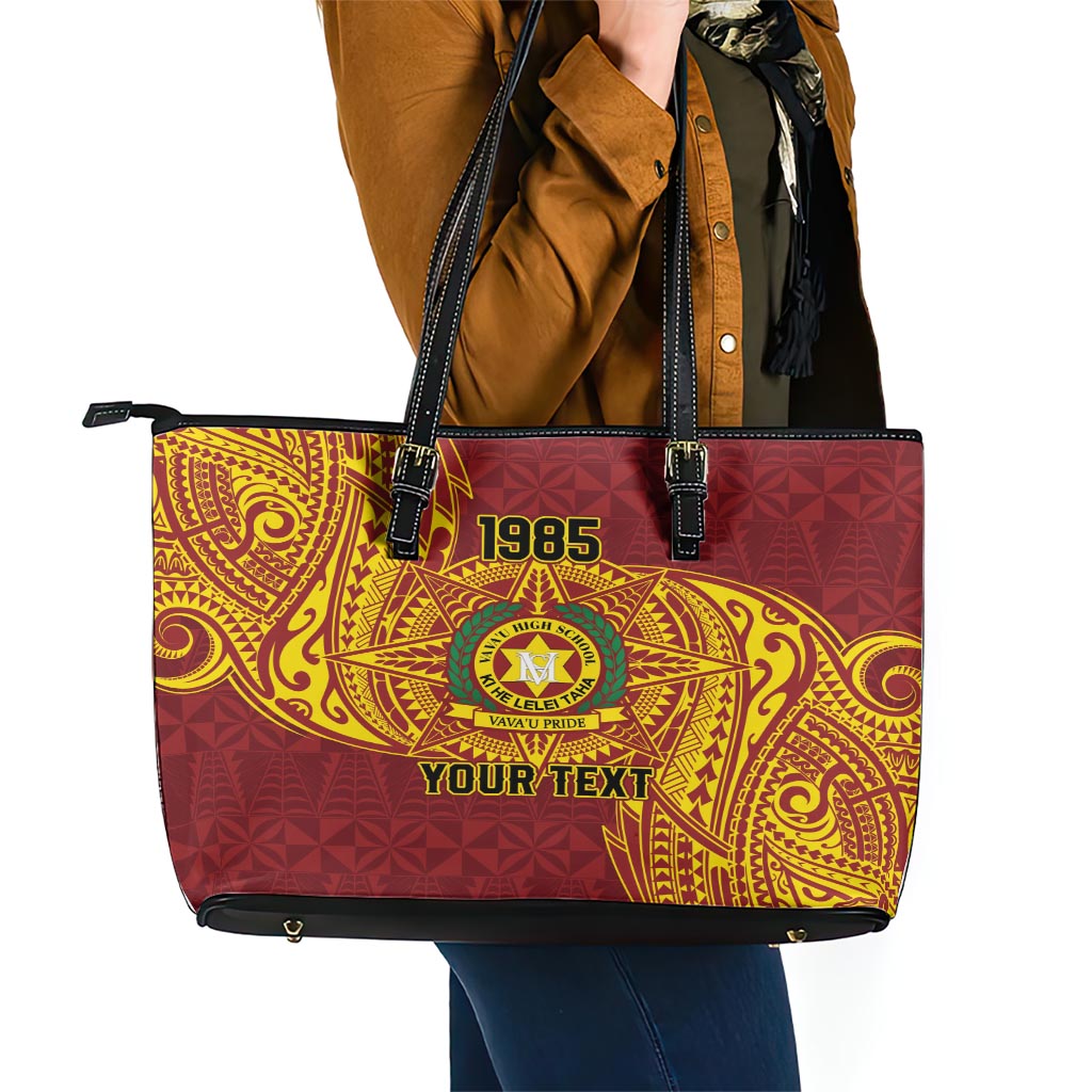 Personalised Tonga Vava'u High School Leather Tote Bag Since 1985 Special Kupesi Pattern LT9 - Polynesian Pride