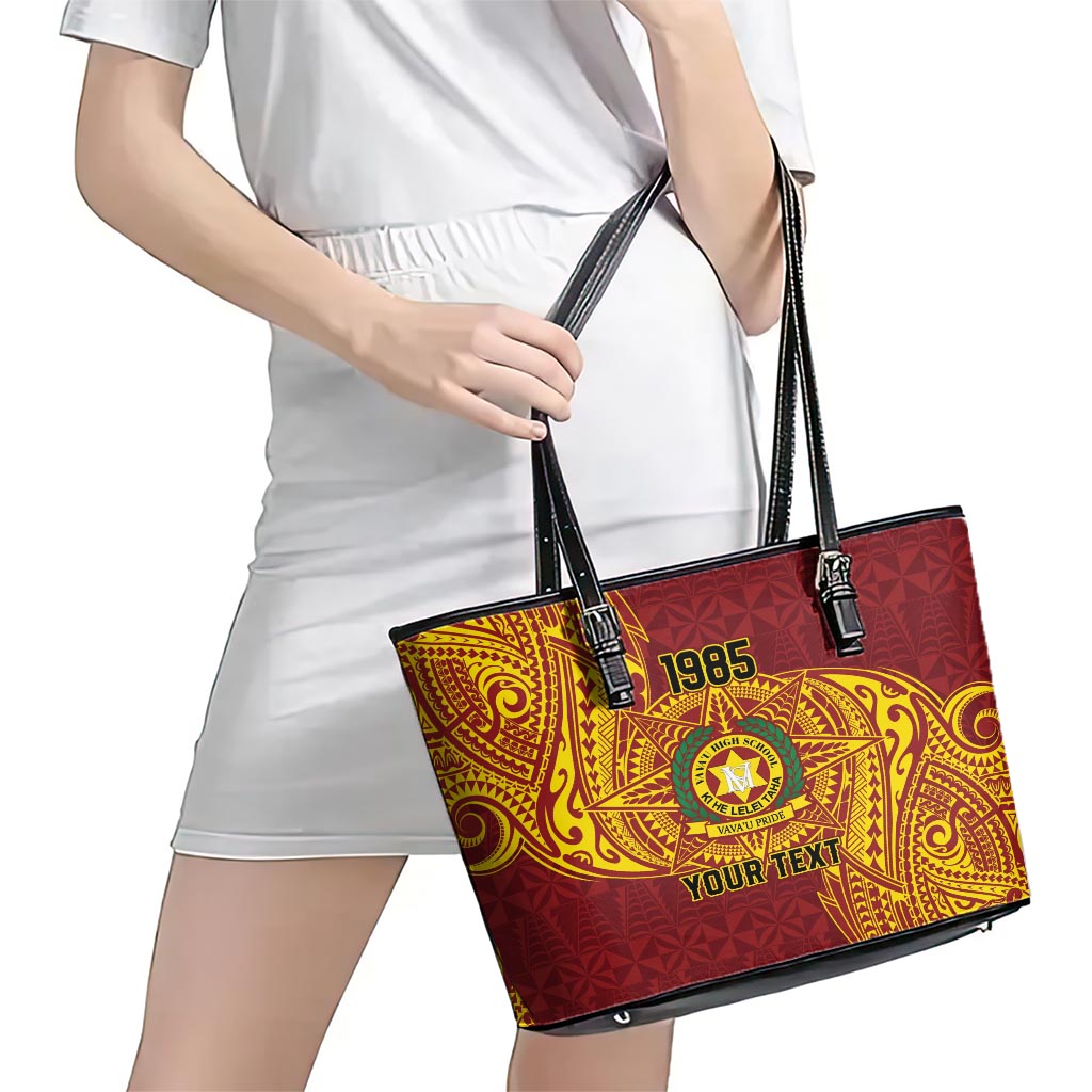Personalised Tonga Vava'u High School Leather Tote Bag Since 1985 Special Kupesi Pattern LT9 - Polynesian Pride