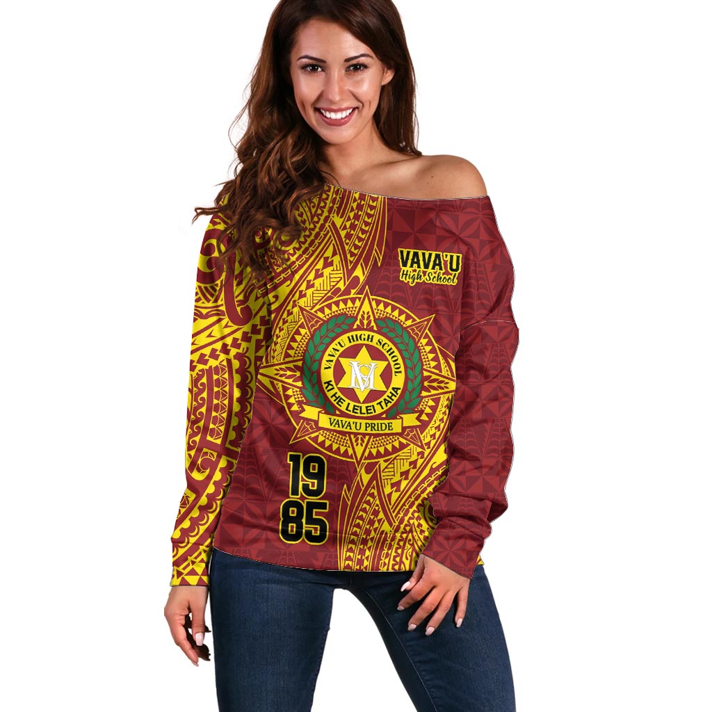 Personalised Tonga Vava'u High School Off Shoulder Sweater Since 1985 Special Kupesi Pattern