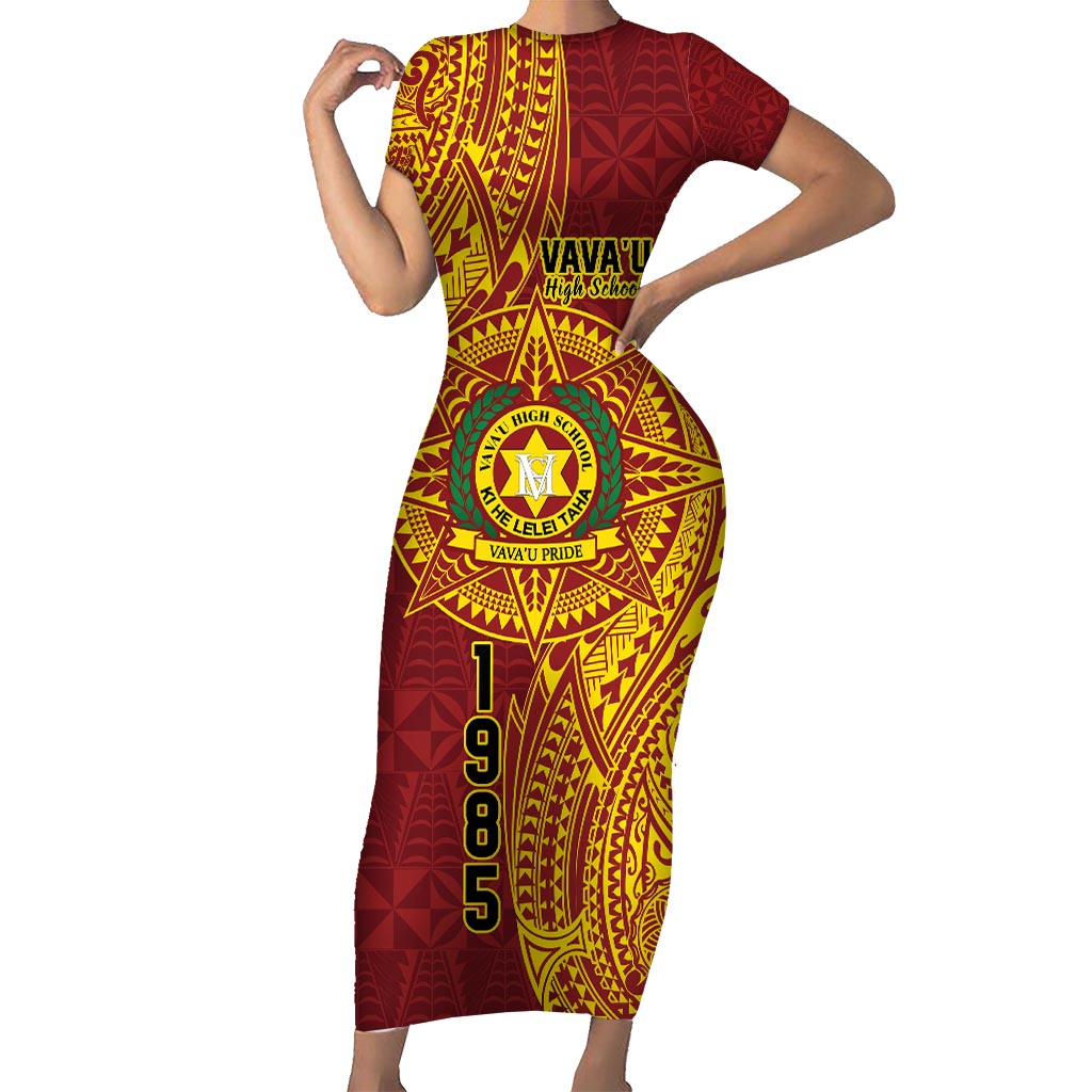 Personalised Tonga Vava'u High School Short Sleeve Bodycon Dress Since 1985 Special Kupesi Pattern LT9 Long Dress Red - Polynesian Pride