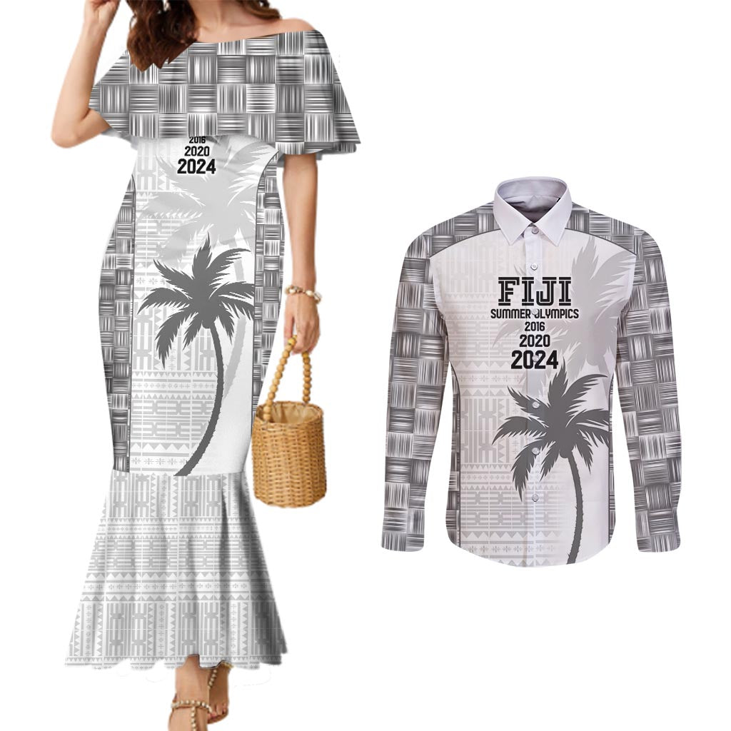 Custom Fiji Rugby Couples Matching Mermaid Dress and Long Sleeve Button Shirt History Champions World Cup 7s - White