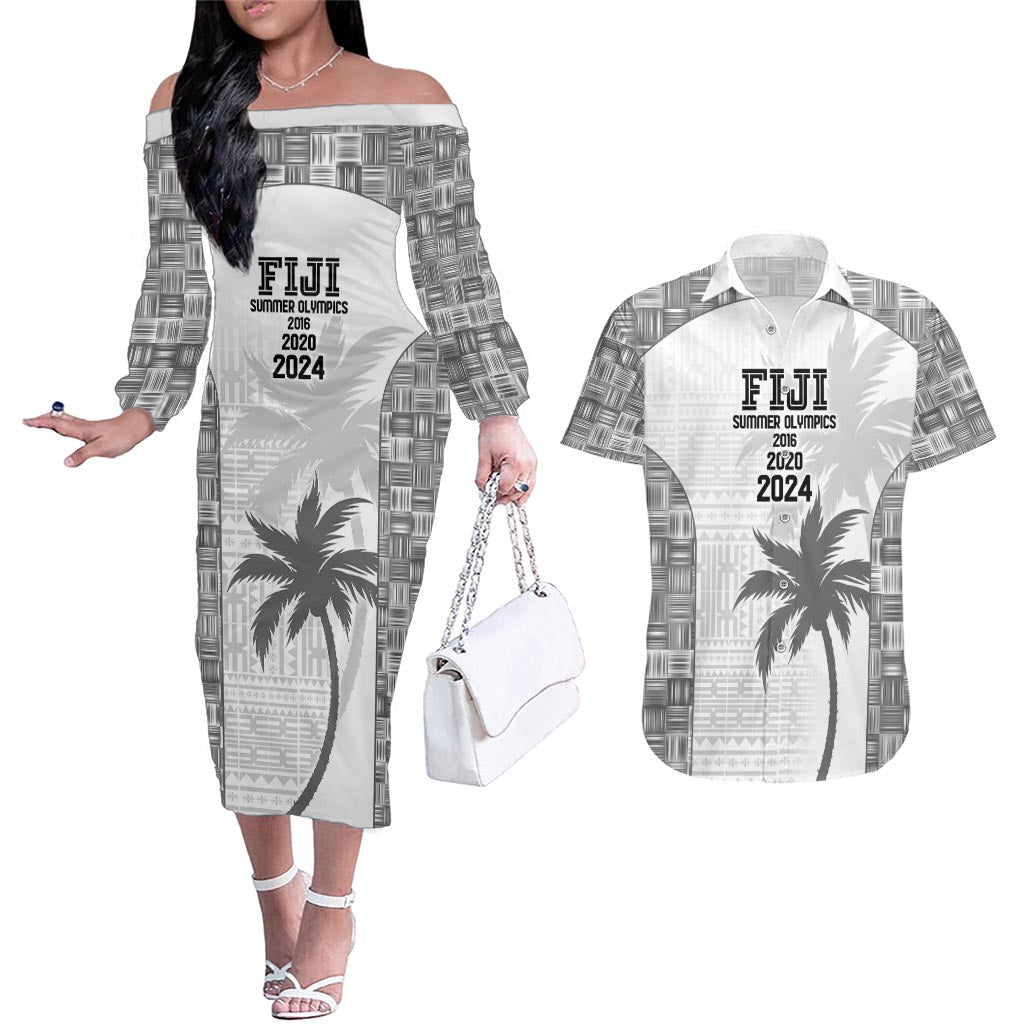 Custom Fiji Rugby Couples Matching Off The Shoulder Long Sleeve Dress and Hawaiian Shirt History Champions World Cup 7s - White