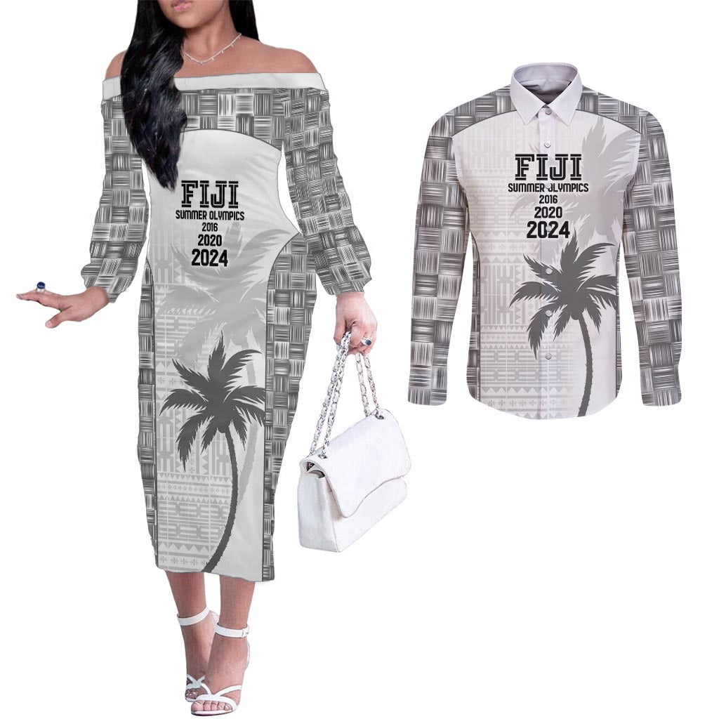 Custom Fiji Rugby Couples Matching Off The Shoulder Long Sleeve Dress and Long Sleeve Button Shirt History Champions World Cup 7s - White