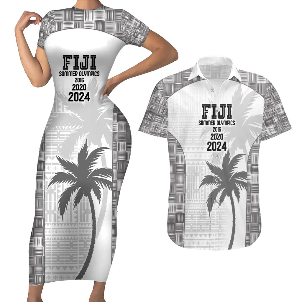 Custom Fiji Rugby Couples Matching Short Sleeve Bodycon Dress and Hawaiian Shirt History Champions World Cup 7s - White