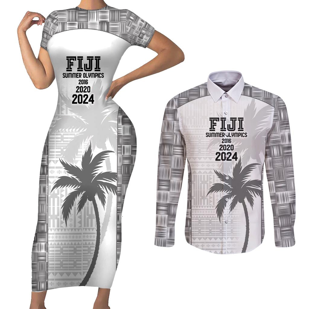 Custom Fiji Rugby Couples Matching Short Sleeve Bodycon Dress and Long Sleeve Button Shirt History Champions World Cup 7s - White