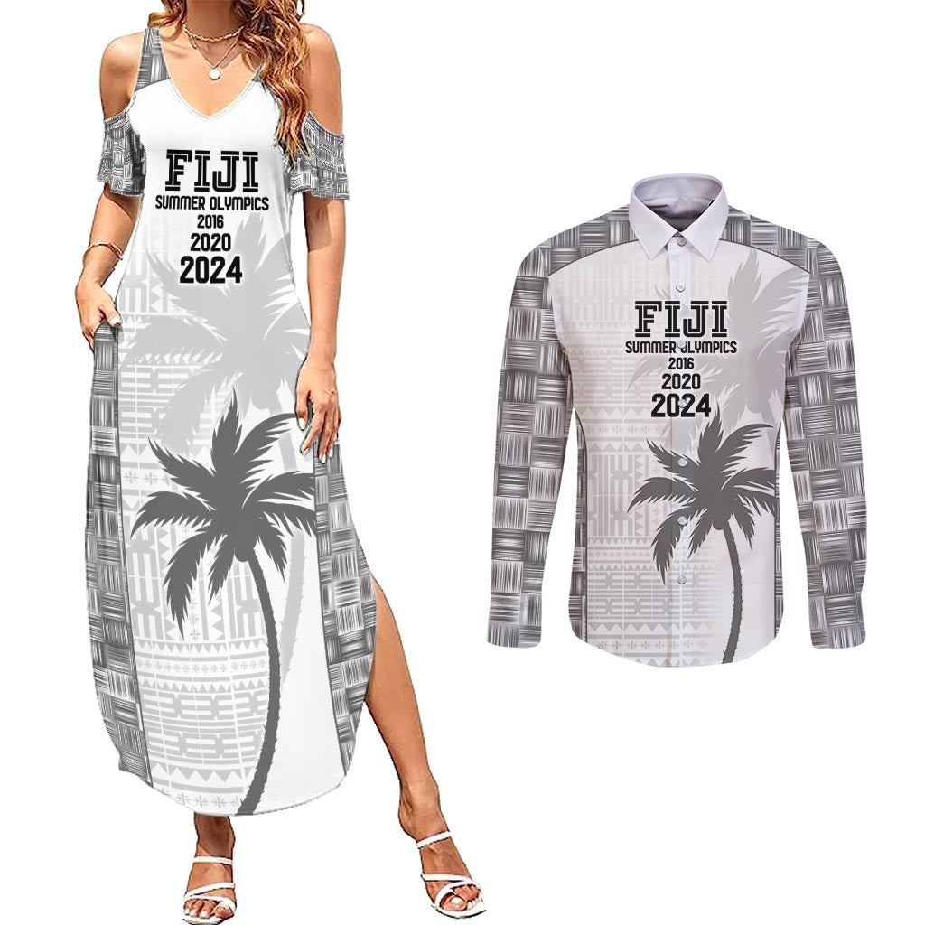 Custom Fiji Rugby Couples Matching Summer Maxi Dress and Long Sleeve Button Shirt History Champions World Cup 7s - White