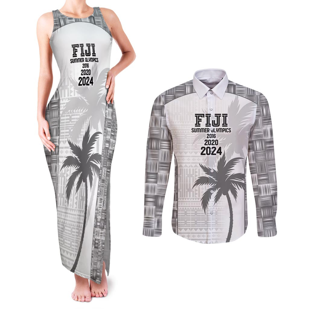 Custom Fiji Rugby Couples Matching Tank Maxi Dress and Long Sleeve Button Shirt History Champions World Cup 7s - White