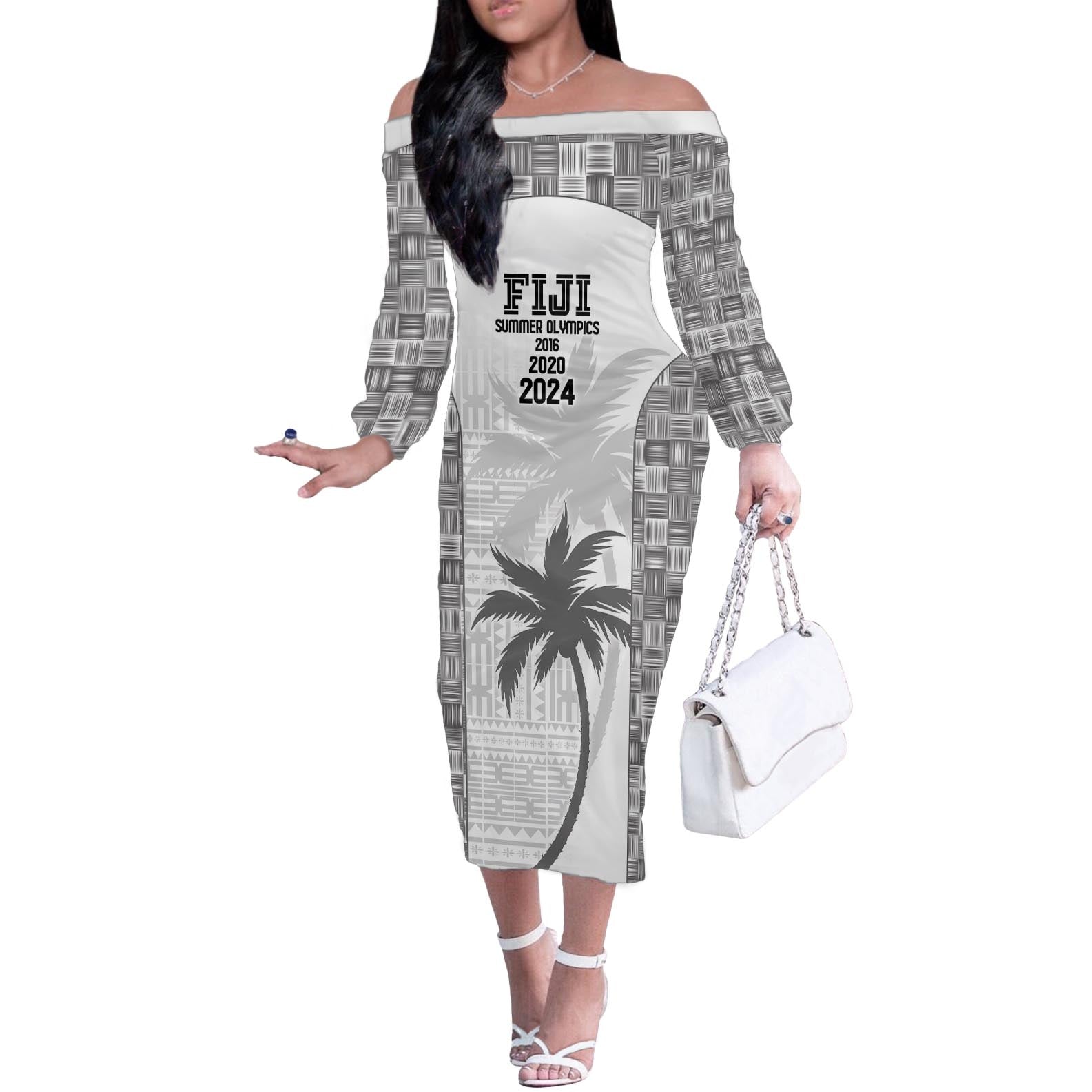 Custom Fiji Rugby Off The Shoulder Long Sleeve Dress History Champions World Cup 7s - White