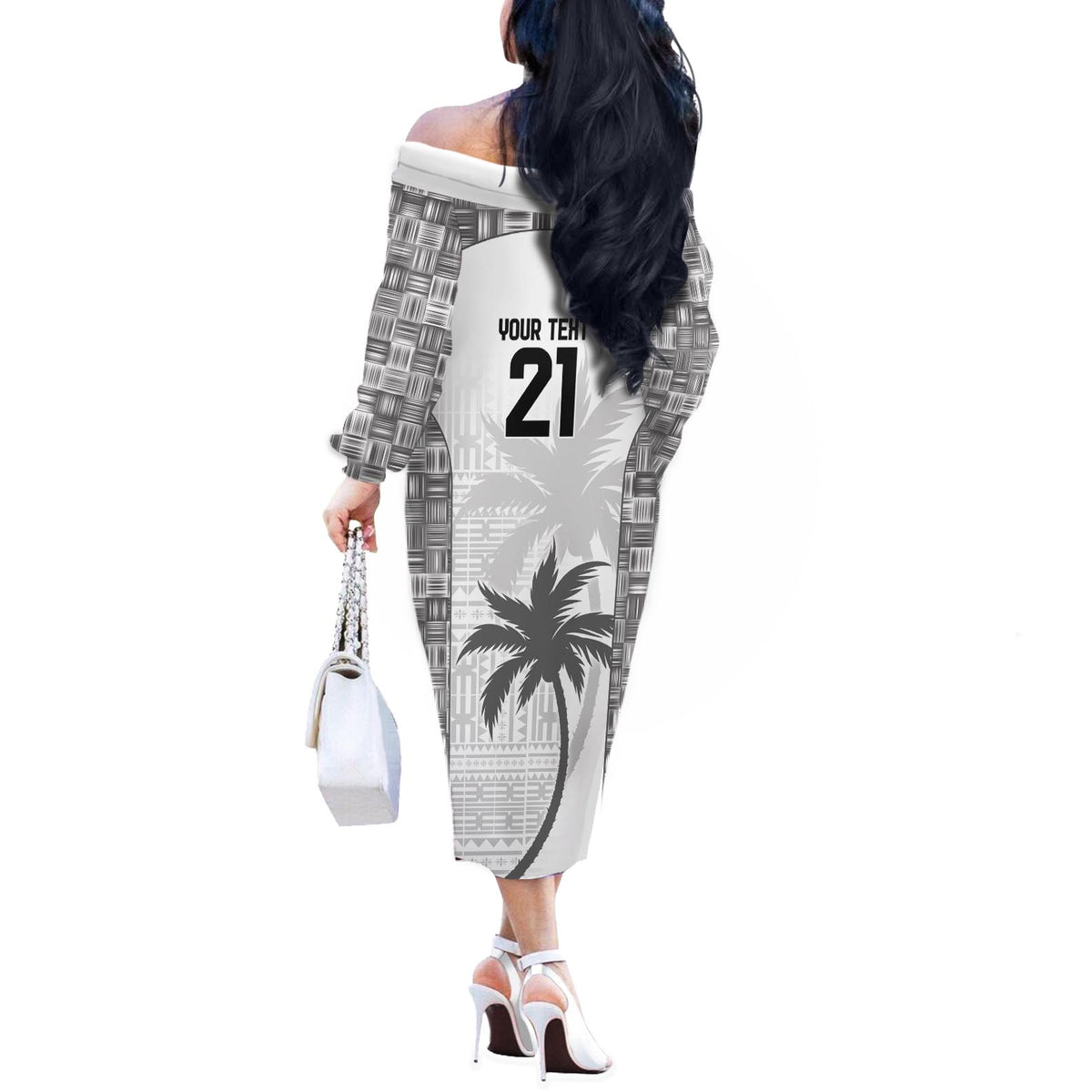Custom Fiji Rugby Off The Shoulder Long Sleeve Dress History Champions World Cup 7s - White LT9 - Polynesian Pride