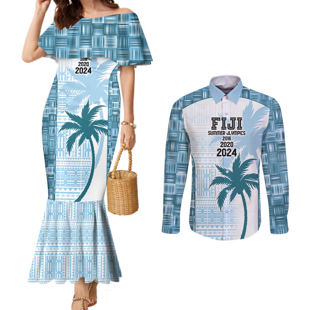 Custom Fiji Rugby Couples Matching Mermaid Dress and Long Sleeve Button Shirt History Champions World Cup 7s - Bllue