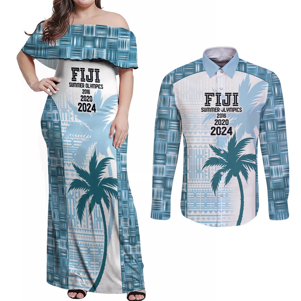 Custom Fiji Rugby Couples Matching Off Shoulder Maxi Dress and Long Sleeve Button Shirt History Champions World Cup 7s - Bllue