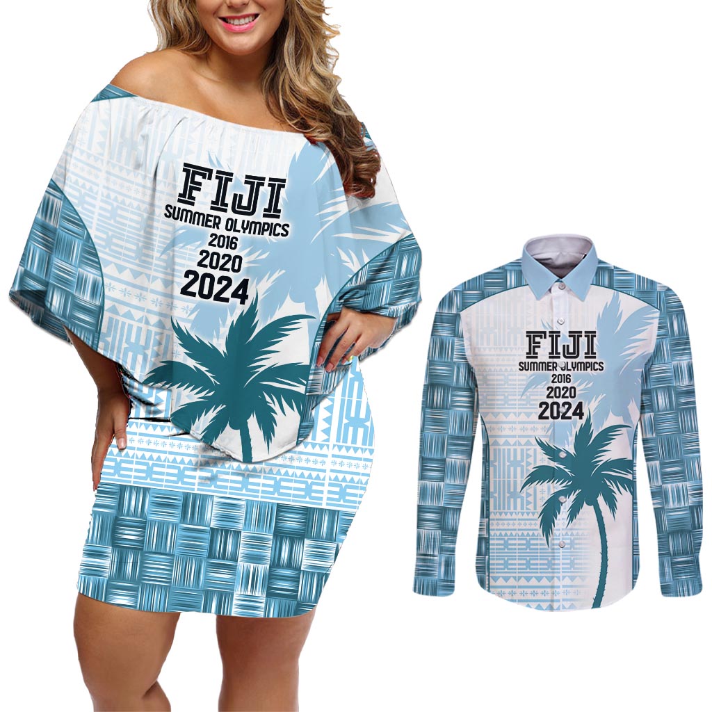 Custom Fiji Rugby Couples Matching Off Shoulder Short Dress and Long Sleeve Button Shirt History Champions World Cup 7s - Bllue