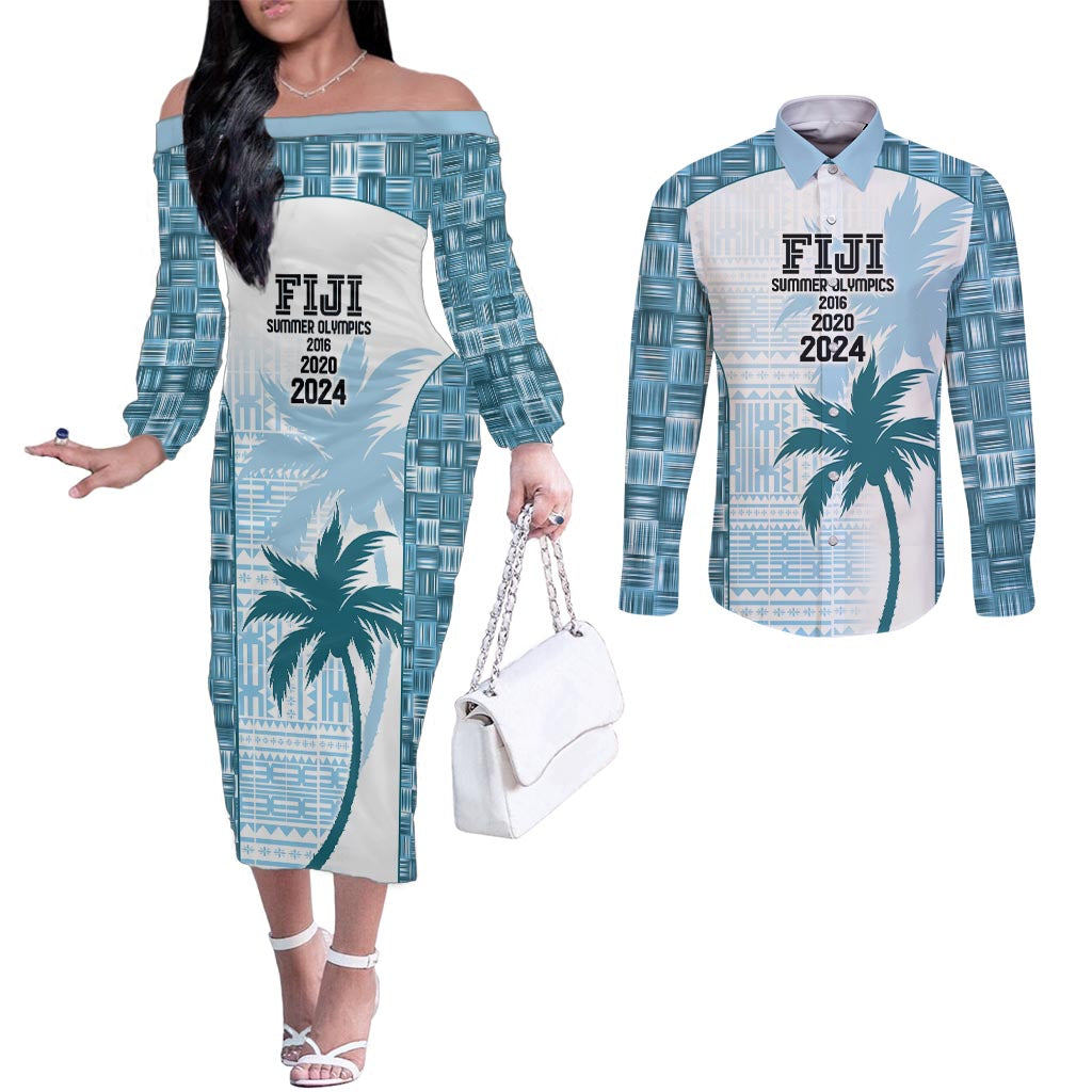 Custom Fiji Rugby Couples Matching Off The Shoulder Long Sleeve Dress and Long Sleeve Button Shirt History Champions World Cup 7s - Bllue