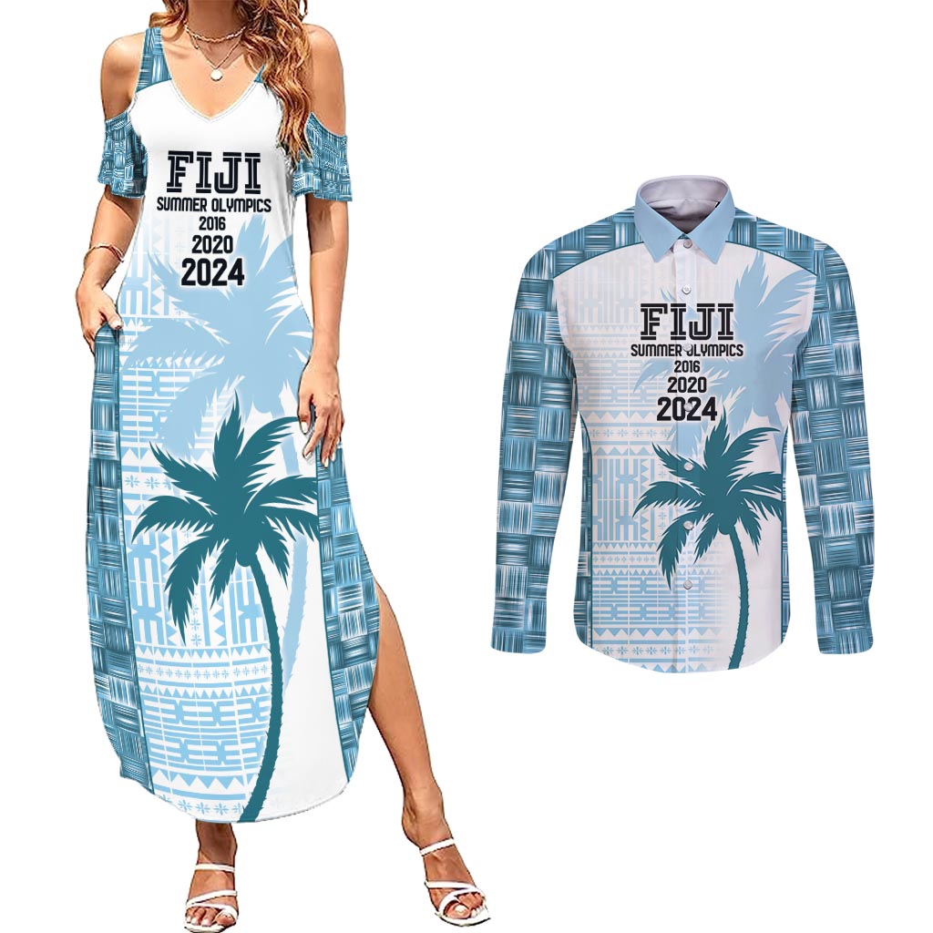 Custom Fiji Rugby Couples Matching Summer Maxi Dress and Long Sleeve Button Shirt History Champions World Cup 7s - Bllue