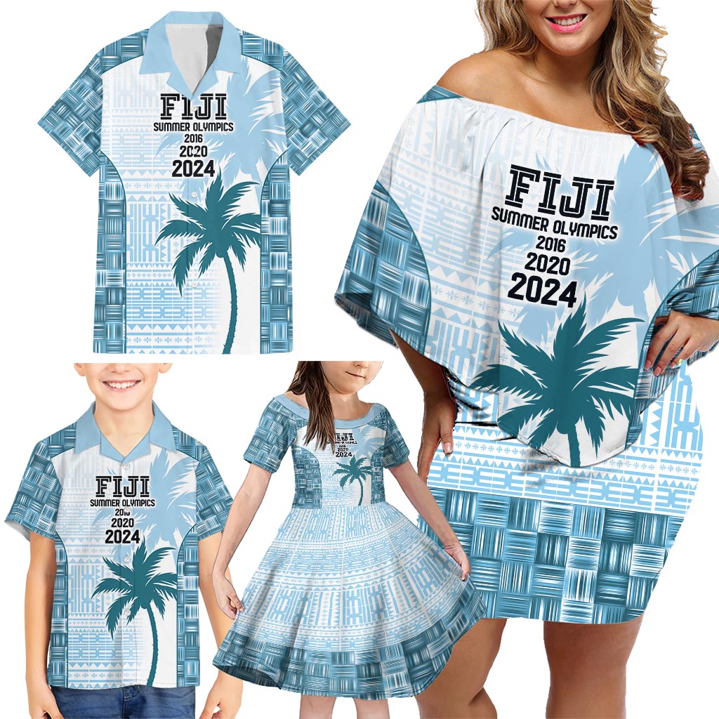 Custom Fiji Rugby Family Matching Off Shoulder Short Dress and Hawaiian Shirt History Champions World Cup 7s - Bllue