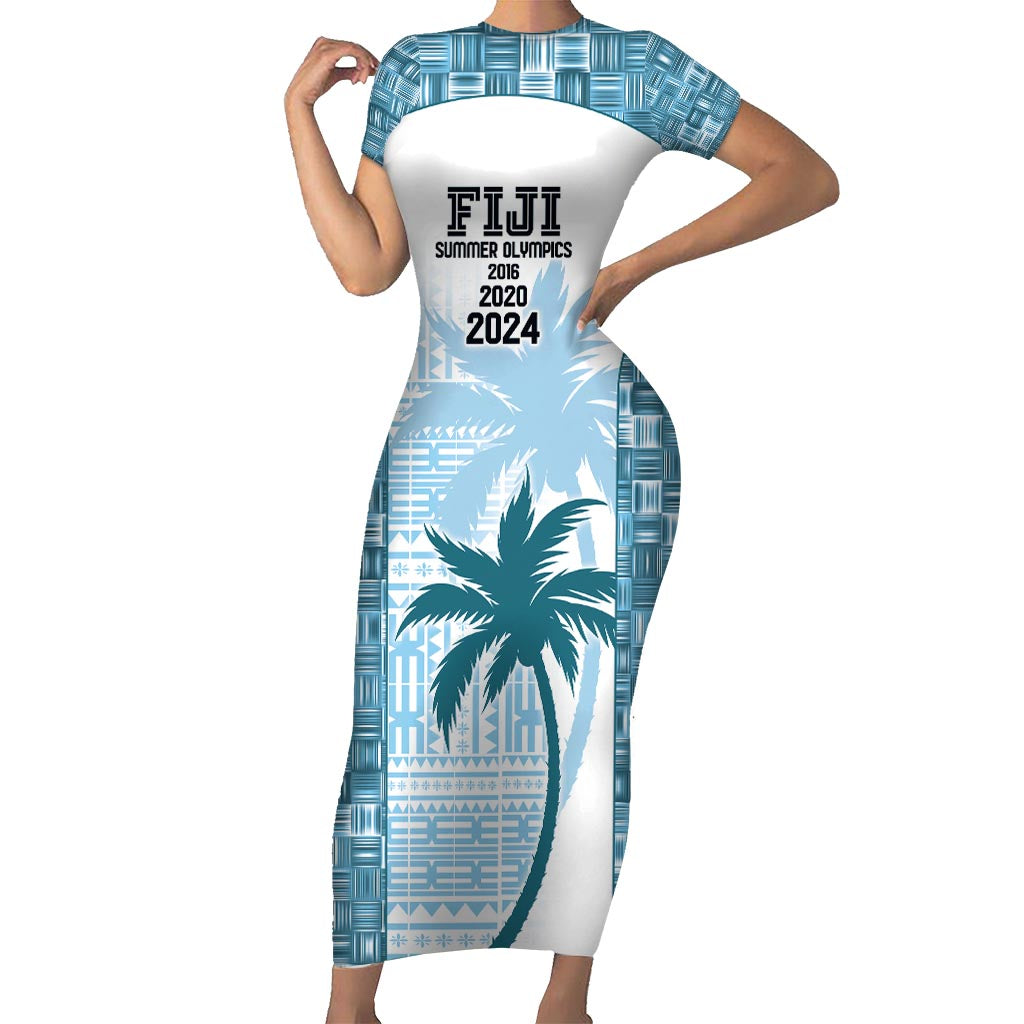 Custom Fiji Rugby Short Sleeve Bodycon Dress History Champions World Cup 7s - Bllue