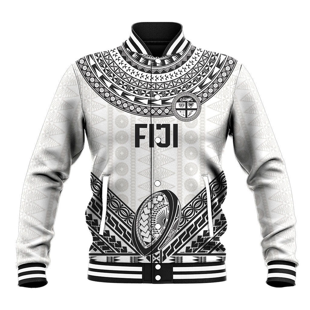 Custom Rugby Fiji National Heritage Baseball Jacket White Traditional Masi Inspired LT9 Unisex White - Polynesian Pride