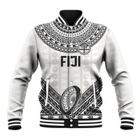 Custom Rugby Fiji National Heritage Baseball Jacket White Traditional Masi Inspired LT9 Unisex White - Polynesian Pride