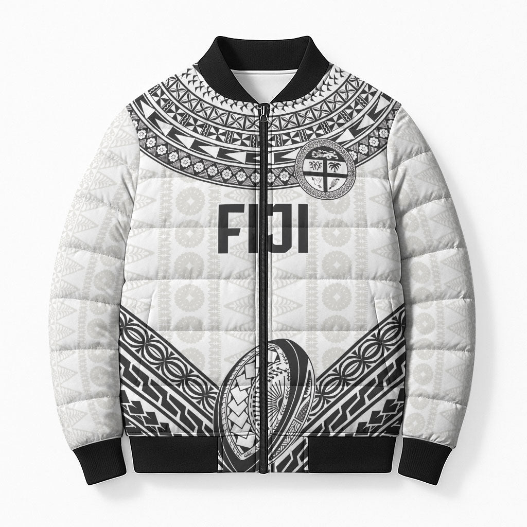 Custom Rugby Fiji National Heritage Bomber Puffer Jacket White Traditional Masi Inspired LT9 Unisex White - Polynesian Pride