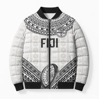 Custom Rugby Fiji National Heritage Bomber Puffer Jacket White Traditional Masi Inspired LT9 Unisex White - Polynesian Pride