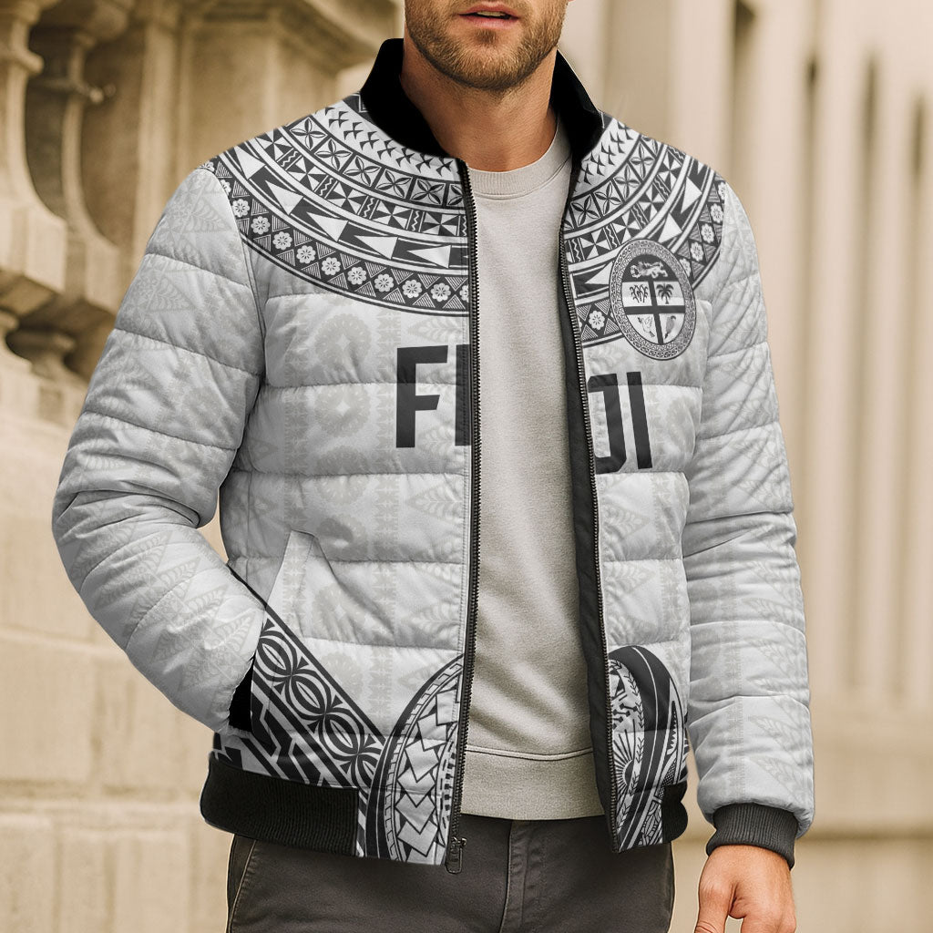 Custom Rugby Fiji National Heritage Bomber Puffer Jacket White Traditional Masi Inspired LT9 - Polynesian Pride