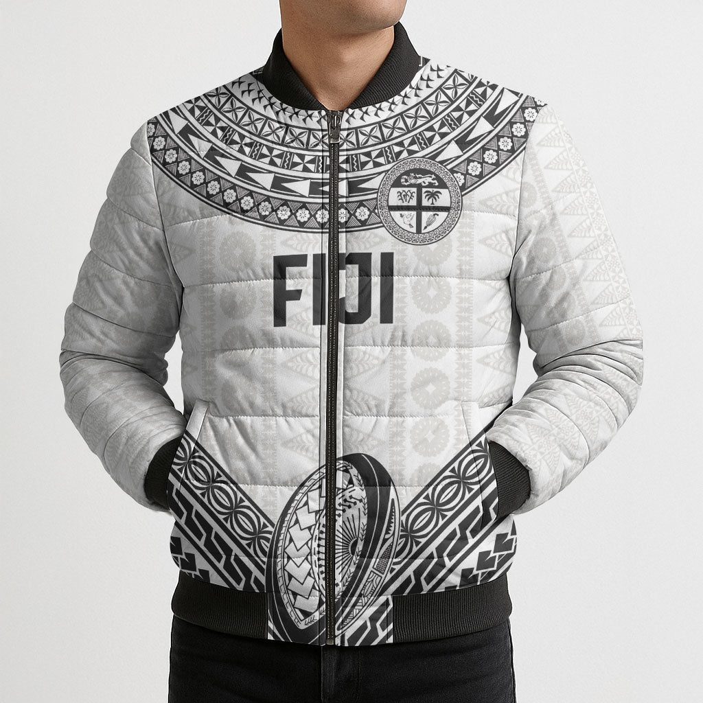 Custom Rugby Fiji National Heritage Bomber Puffer Jacket White Traditional Masi Inspired LT9 - Polynesian Pride