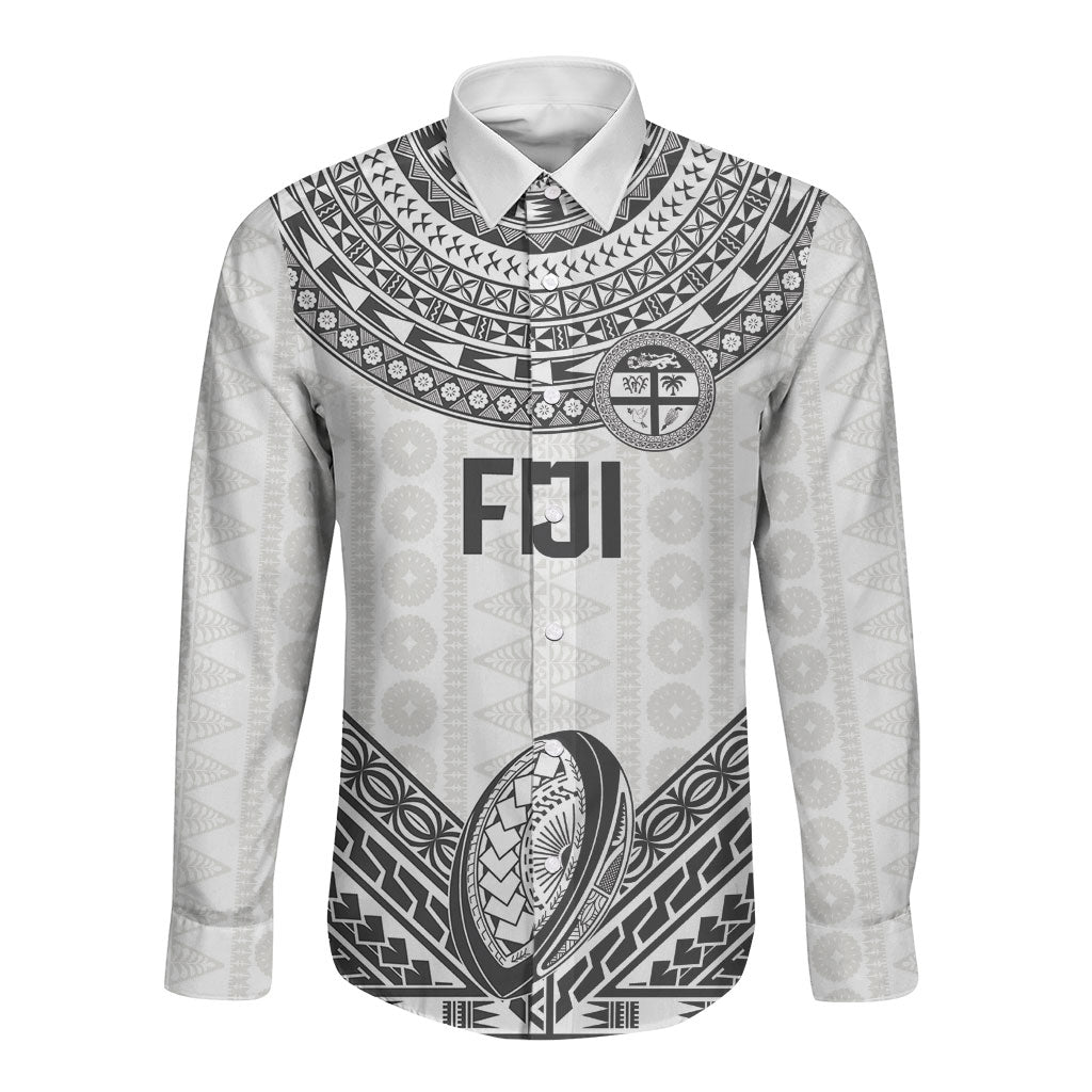 Custom Rugby Fiji National Heritage Long Sleeve Button Shirt White Traditional Masi Inspired LT9 Unisex White - Polynesian Pride