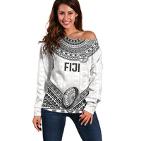 Custom Rugby Fiji National Heritage Off Shoulder Sweater White Traditional Masi Inspired LT9 Women White - Polynesian Pride