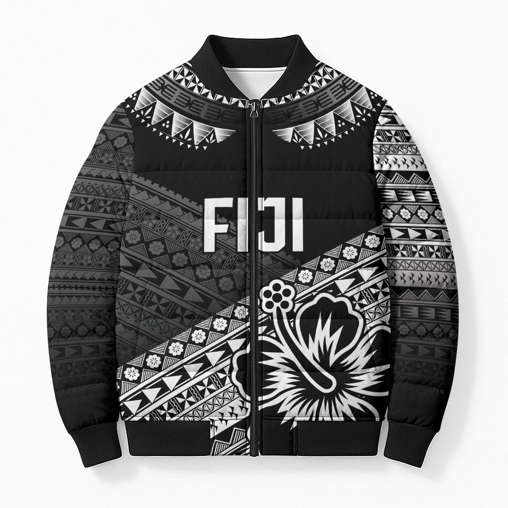 Custom Rugby Fiji Bomber Puffer Jacket Black Traditional Masi Inspired LT9 Unisex Black - Polynesian Pride