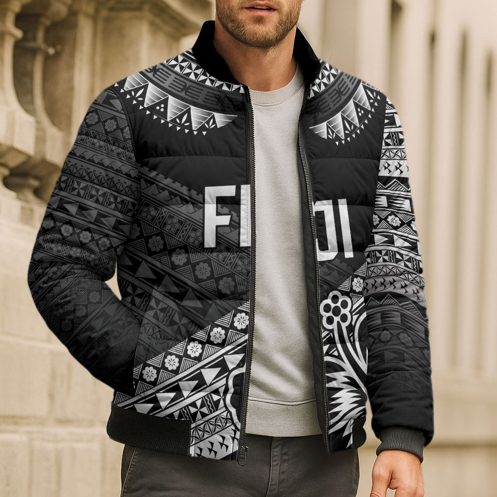 Custom Rugby Fiji Bomber Puffer Jacket Black Traditional Masi Inspired LT9 - Polynesian Pride