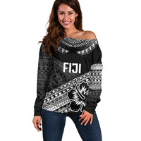 Custom Rugby Fiji Off Shoulder Sweater Black Traditional Masi Inspired LT9 Women Black - Polynesian Pride