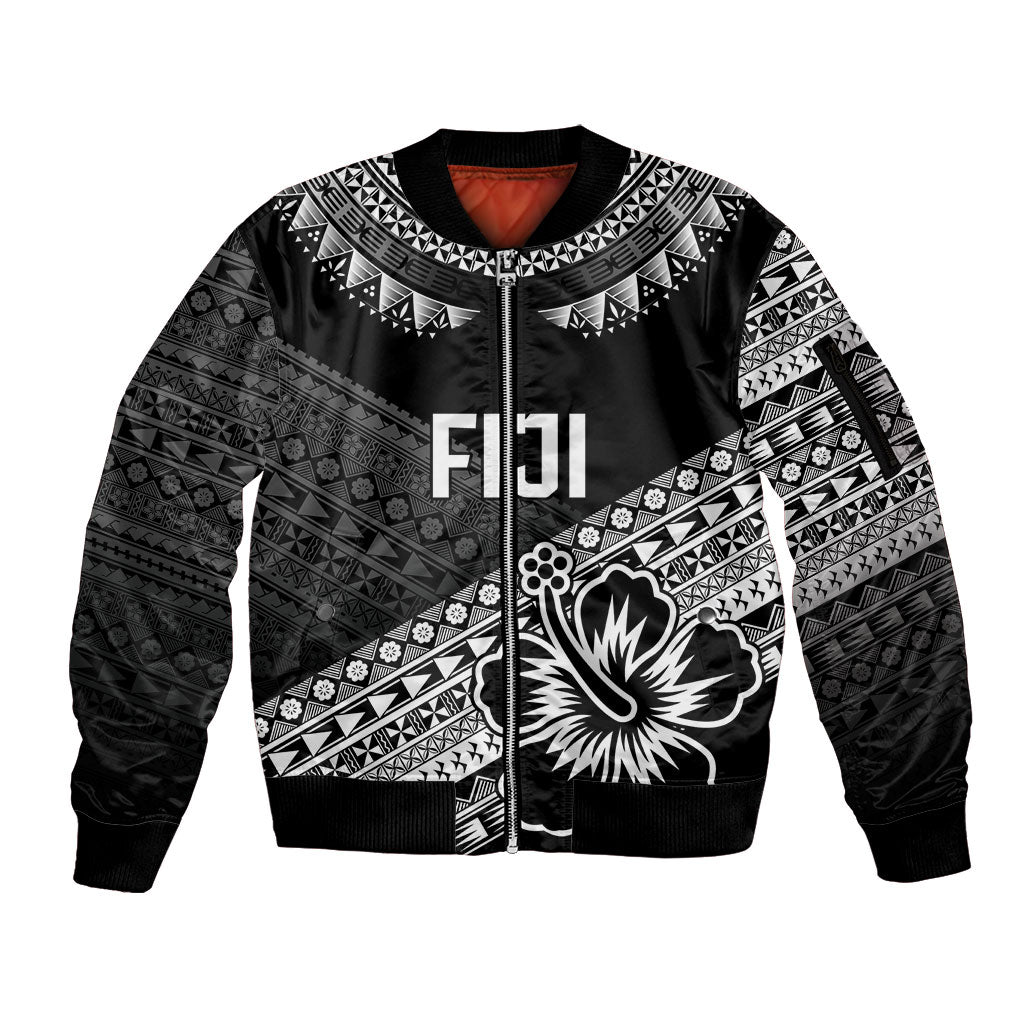 Custom Rugby Fiji Sleeve Zip Bomber Jacket Black Traditional Masi Inspired LT9 Unisex Black - Polynesian Pride