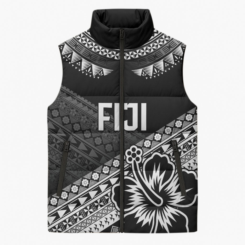 Custom Rugby Fiji Sleeveless Puffer Jacket Black Traditional Masi Inspired LT9 Unisex Black - Polynesian Pride