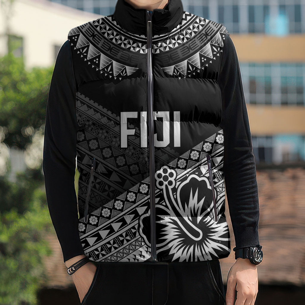 Custom Rugby Fiji Sleeveless Puffer Jacket Black Traditional Masi Inspired LT9 - Polynesian Pride