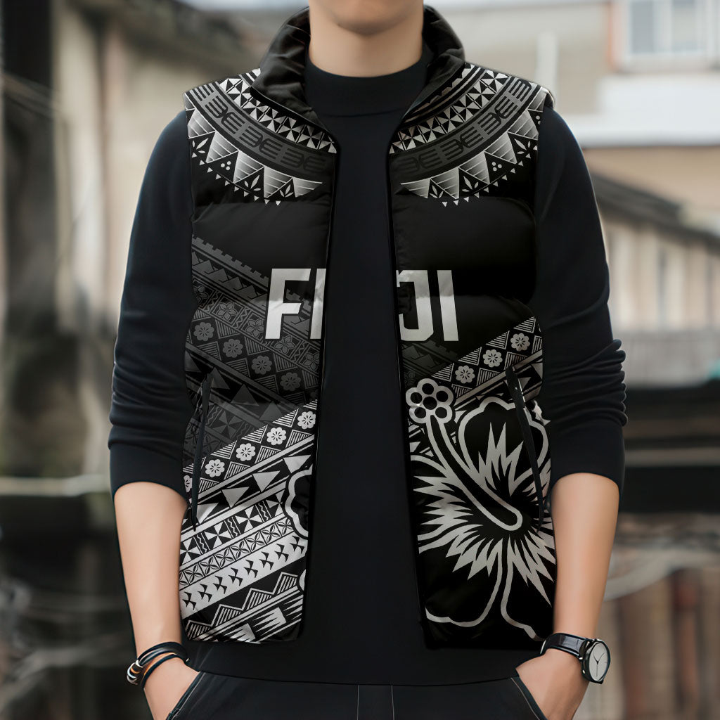 Custom Rugby Fiji Sleeveless Puffer Jacket Black Traditional Masi Inspired LT9 - Polynesian Pride