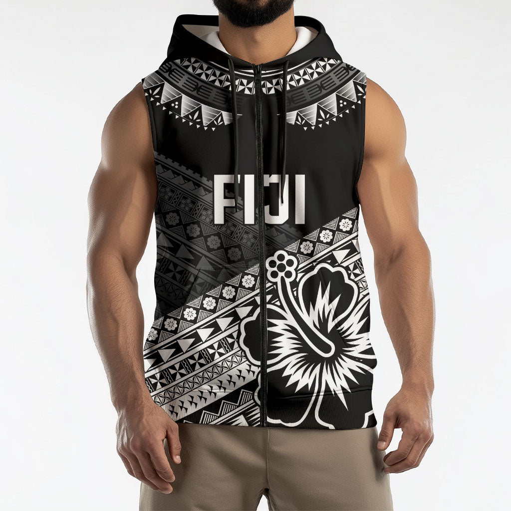 Custom Rugby Fiji Sleeveless Zip Hoodie Black Traditional Masi Inspired LT9 - Polynesian Pride