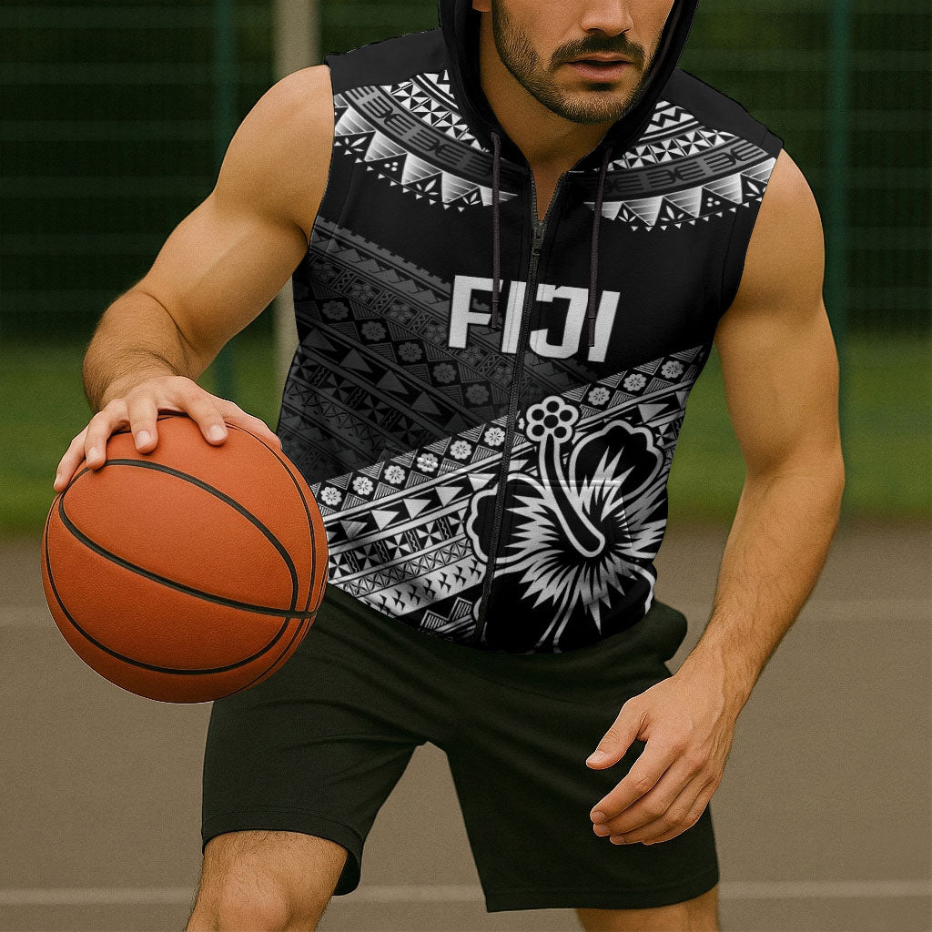 Custom Rugby Fiji Sleeveless Zip Hoodie Black Traditional Masi Inspired LT9 - Polynesian Pride