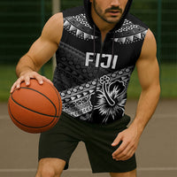 Custom Rugby Fiji Sleeveless Zip Hoodie Black Traditional Masi Inspired LT9 - Polynesian Pride
