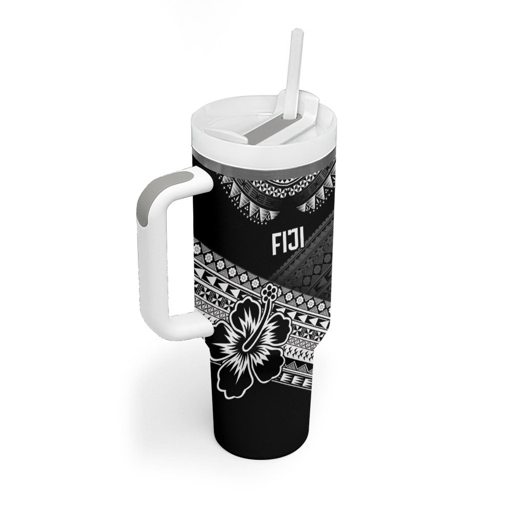 Custom Rugby Fiji Tumbler With Handle Black Traditional Masi Inspired LT9 - Polynesian Pride